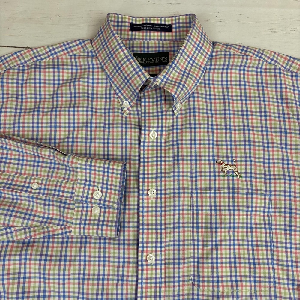 Kevin's Plantation Shirt Mens Large Multicolor Check Non-Iron Dog Embroidered